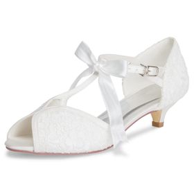 JIAIIA 0001139 69 Fildişi Peep Toe T-Strap 1.8 inç Blok Düşük Topuk Dantel Saten Topuklu Ayakkabı