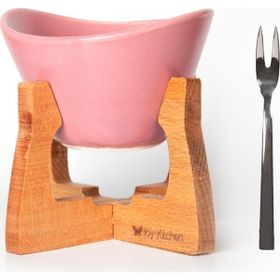Joy Kitchen Pembe Ahşap Fondü Seti Renkli Seramik Kaseli Ahşap Standlı Fondü Seti