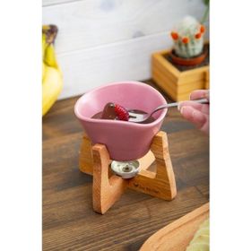 Joy Kitchen Pembe Ahşap Fondü Seti Renkli Seramik Kaseli Ahşap Standlı Fondü Seti