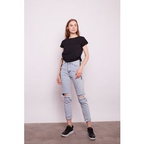 Jument 20341 Likrasız Pamuk Kumaş Geniş Sıfır Yaka Kısa Kol Yanları Bağlamalı Kısa Kol Siyah Kadın T-shirt