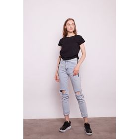 Jument 20341 Likrasız Pamuk Kumaş Geniş Sıfır Yaka Kısa Kol Yanları Bağlamalı Kısa Kol Siyah Kadın T-shirt