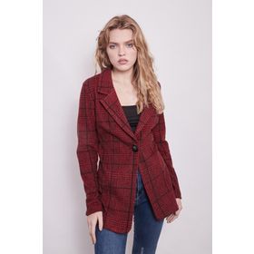 Jument 30014 Ekose Desenli Yakalı Uzun Kol Tek Düğme Yünlü Kumaş Blazer Bordo Kadın Ceket