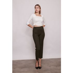 Jument 40028 Yüksek Bel Önü Dikişli Koyu Yeşil Beli Apoletli Düğmeli Boru Paça Kumaş Kadın Pantolon