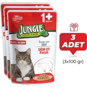 Jungle 3x100 gr Pouch Sığır Eti Parçalı Soslu Yetişkin Kedi Konservesi