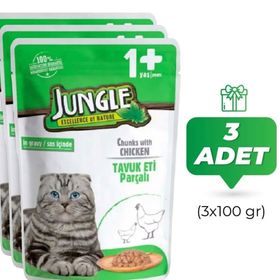 Jungle 3x100 gr Pouch Tavuk Eti Parçalı Soslu Yetişkin Kedi Konservesi