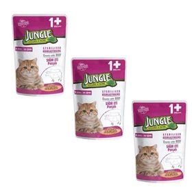 Jungle Pouch Gravy Soslu Biftek Etli 3x100 gr Konserve Kısırlaştırılmış Kedi Maması