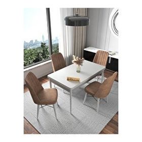 Kaffahome Fixed Raw Beyaz 70x110 cm Mutfak Masası ve 4 Adet Acı Kahve Sandalye Takımı