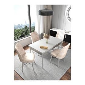 Kaffahome Fixed Raw Beyaz 70x110 cm Mutfak Masası ve 4 Adet Krem Sandalye Takımı