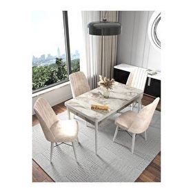 Kaffahome Fixed Raw Beyaz 70x110 cm Mutfak Masası ve 4 Adet Krem Sandalye Takımı