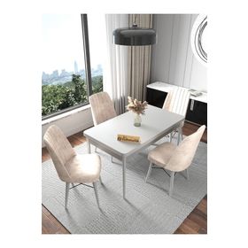 Kaffahome Fixed Raw Beyaz 70x110 cm Mutfak Masası ve 4 Adet Krem Sandalye Takımı