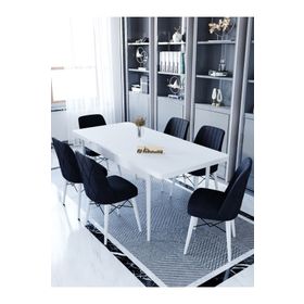 Kaffahome Ovo Raw Beyaz 80x130 cm Açılabilir Mutfak Masası ve 6 Adet Siyah Sandalye Takımı