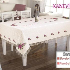 Kanaviçe Baskılı Güpürlü 26 Parça Bordo Masa Örtüsü Takımı