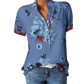 Kanpola A Mavi Gömlek Tarz Uzun Kısa Kollu Çiçek Baskılı Tunik Yazlık Üst Giyim Yakalı Gündelik A Bluz Tarz Kadın T-shirt
