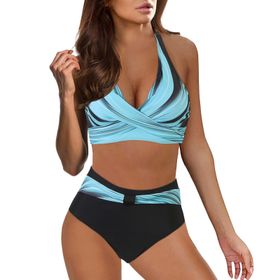 Kanpola A Sırt Çapraz İki Parçalı Mayo Tarz Yüksek Bel Karın Bölgesi Renk Geçişi Push Up Seksi 2 Parçalı Plaj Gök Mavisi Bikini Kadın Seti