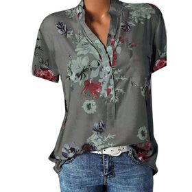 Kanpola B Gri Gömlek Tarz Uzun Kısa Kollu Çiçek Baskılı Tunik Yazlık Üst Giyim Yakalı Gündelik A Bluz Tarz Kadın T-shirt