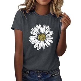 Kanpola B Koyu Gri Yuvarlak Yaka Kısa Kollu Moda Çiçek Desenli Baskılı Tunik Gömlek Bluz Tarz Yaz Boş Zaman Plaj Üst Giyim Zarif Kadın T-shirt