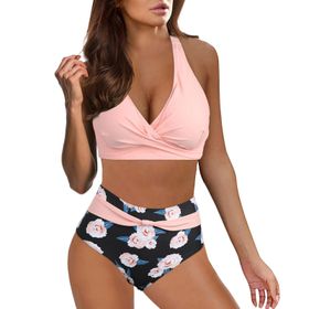 Kanpola B Sırt Çapraz İki Parçalı Mayo Tarz Yüksek Bel Karın Bölgesi Renk Geçişi Push Up Seksi 2 Parçalı Pembe Plaj Bikini Kadın Seti