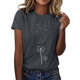 Kanpola C Koyu Gri Yuvarlak Yaka Kısa Kollu Moda Çiçek Desenli Baskılı Tunik Gömlek Bluz Tarz Yaz Boş Zaman Plaj Üst Giyim Zarif Kadın T-shirt