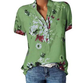 Kanpola F Yeşil Gömlek Tarz Uzun Kısa Kollu Çiçek Baskılı Tunik Yazlık Üst Giyim Yakalı Gündelik A Bluz Tarz Kadın T-shirt