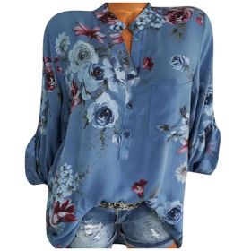 Kanpola G Mavi Gömlek Tarz Uzun Kısa Kollu Çiçek Baskılı Tunik Yazlık Üst Giyim Yakalı Gündelik A Bluz Tarz Kadın T-shirt