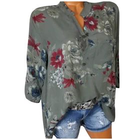 Kanpola H Yeşil Gömlek Tarz Uzun Kısa Kollu Çiçek Baskılı Tunik Yazlık Üst Giyim Yakalı Gündelik A Bluz Tarz Kadın T-shirt