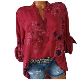 Kanpola J Kırmızı Gömlek Tarz Uzun Kısa Kollu Çiçek Baskılı Tunik Yazlık Üst Giyim Yakalı Gündelik A Bluz Tarz Kadın T-shirt