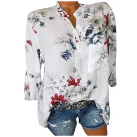 Kanpola K Beyaz Gömlek Tarz Uzun Kısa Kollu Çiçek Baskılı Tunik Yazlık Üst Giyim Yakalı Gündelik A Bluz Tarz Kadın T-shirt