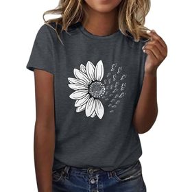 Kanpola Koyu Gri Yuvarlak Yaka Kısa Kollu Moda Çiçek Desenli Baskılı Tunik Gömlek Bluz Tarz Yaz Boş Zaman Plaj Üst Giyim Zarif Kadın T-shirt