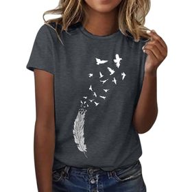 Kanpola Koyu Gri Yuvarlak Yaka Kısa Kollu Moda Çiçek Desenli Baskılı Tunik Gömlek Bluz Tarz Yaz Boş Zaman Plaj Üst Giyim Zarif Kadın T-shirt