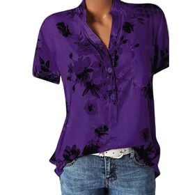 Kanpola M Eflatun Gömlek Tarz Uzun Kısa Kollu Çiçek Baskılı Tunik Yazlık Üst Giyim Yakalı Gündelik A Bluz Tarz Kadın T-shirt