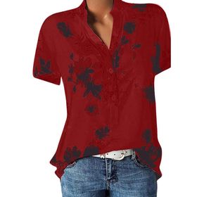 Kanpola N Şarap Kırmızısı Gömlek Tarz Uzun Kısa Kollu Çiçek Baskılı Tunik Yazlık Üst Giyim Yakalı Gündelik A Bluz Tarz Kadın T-shirt