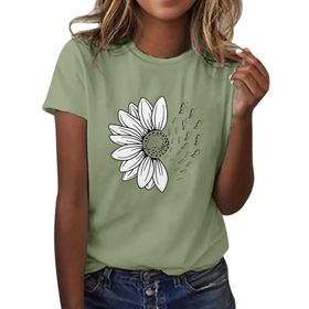Kanpola Nane Yeşili Yuvarlak Yaka Kısa Kollu Moda Çiçek Desenli Baskılı Tunik Gömlek Bluz Tarz Yaz Boş Zaman Plaj Üst Giyim Zarif Kadın T-shirt