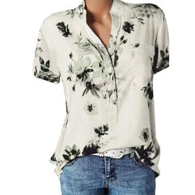 Kanpola O Beyaz Gömlek Tarz Uzun Kısa Kollu Çiçek Baskılı Tunik Yazlık Üst Giyim Yakalı Gündelik A Bluz Tarz Kadın T-shirt