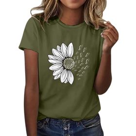 Kanpola Ordu Yeşili Yuvarlak Yaka Kısa Kollu Moda Çiçek Desenli Baskılı Tunik Gömlek Bluz Tarz Yaz Boş Zaman Plaj Üst Giyim Zarif Kadın T-shirt