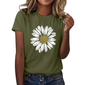 Kanpola Ordu Yeşili Yuvarlak Yaka Kısa Kollu Moda Çiçek Desenli Baskılı Tunik Gömlek Bluz Tarz Yaz Boş Zaman Plaj Üst Giyim Zarif Kadın T-shirt
