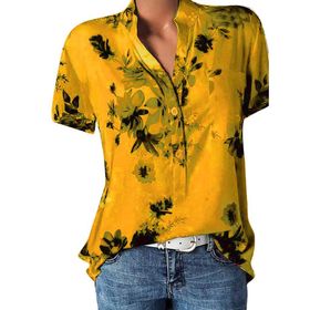 Kanpola P Sarı Gömlek Tarz Uzun Kısa Kollu Çiçek Baskılı Tunik Yazlık Üst Giyim Yakalı Gündelik A Bluz Tarz Kadın T-shirt