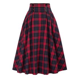 Kanpola Rockabilly A-Line Jüpon Uzun Zarif Kareli Yüksek Bel Elastik Belli Kırmızı Kadın Etek