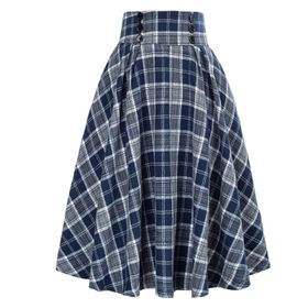 Kanpola Rockabilly A-Line Jüpon Uzun Zarif Kareli Yüksek Bel Elastik Belli Lacivert Kadın Etek