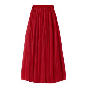 Kanpola Rockabilly Bağcıklı Jüpon Evaze Pileli Kabarık Yüksek Bel Kırmızı Kadın Etek