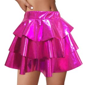 Kanpola Rockabilly Deri Kısa Rugan Yüksek Bel Evaze Pileli Jüpon Pembe-B Kadın Etek