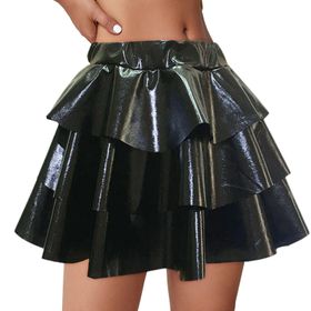 Kanpola Rockabilly Deri Kısa Rugan Yüksek Bel Evaze Pileli Jüpon Siyah Schwarz-B Kadın Etek