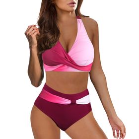 Kanpola Şarap Sırt Çapraz İki Parçalı Mayo Tarz Yüksek Bel Karın Bölgesi Renk Geçişi Push Up Seksi 2 Parçalı Plaj Bikini Kadın Seti