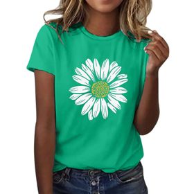 Kanpola Yeşil B Yuvarlak Yaka Kısa Kollu Moda Çiçek Desenli Baskılı Tunik Gömlek Bluz Tarz Yaz Boş Zaman Plaj Üst Giyim Zarif Kadın T-shirt