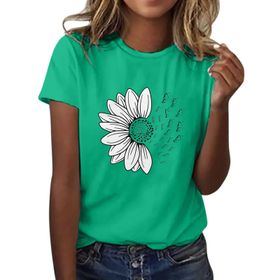 Kanpola Yeşil Yuvarlak Yaka Kısa Kollu Moda Çiçek Desenli Baskılı Tunik Gömlek Bluz Tarz Yaz Boş Zaman Plaj Üst Giyim Zarif Kadın T-shirt
