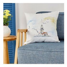 Karaca Home 45x45 cm Ekru Desenli Kız Kulesi İç Dolgulu Kırlent