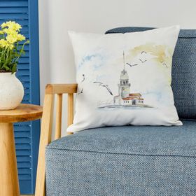 Karaca Home 45x45 cm Ekru Desenli Kız Kulesi İç Dolgulu Kırlent