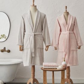 Karaca Home Carli Pudra Gri 4 Parça Bornoz Banyo Baş Havlusu Aile Banyo Seti