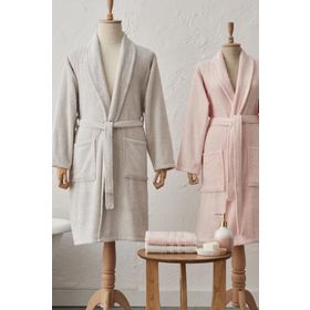 Karaca Home Carli Pudra Gri 4 Parça Bornoz Banyo Baş Havlusu Aile Banyo Seti