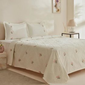 Karaca Home Myra Çiçekli Nakışlı Ekru Çift Kişilik Yatak Örtüsü