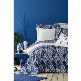 Karaca Home Urla Mavi Nakışlı Çift Kişilik Nevresim ve Yatak Örtüsü Set